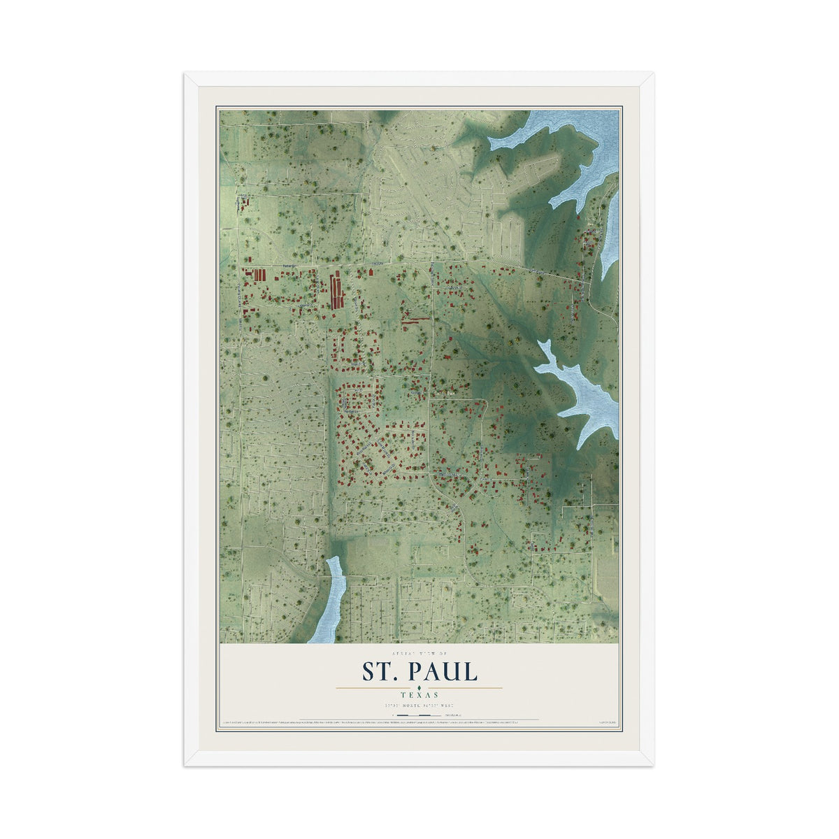 Map of St. Paul, Texas, 12 x 18 inch print in a white wood frame