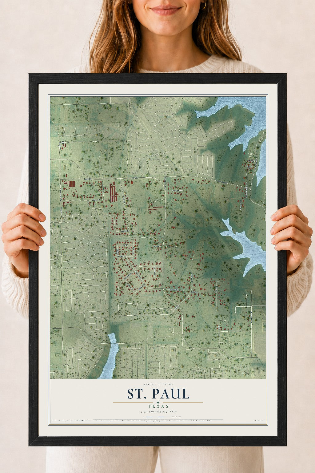 Map of St. Paul, Texas, 18 x 24 inch print in a black wood frame