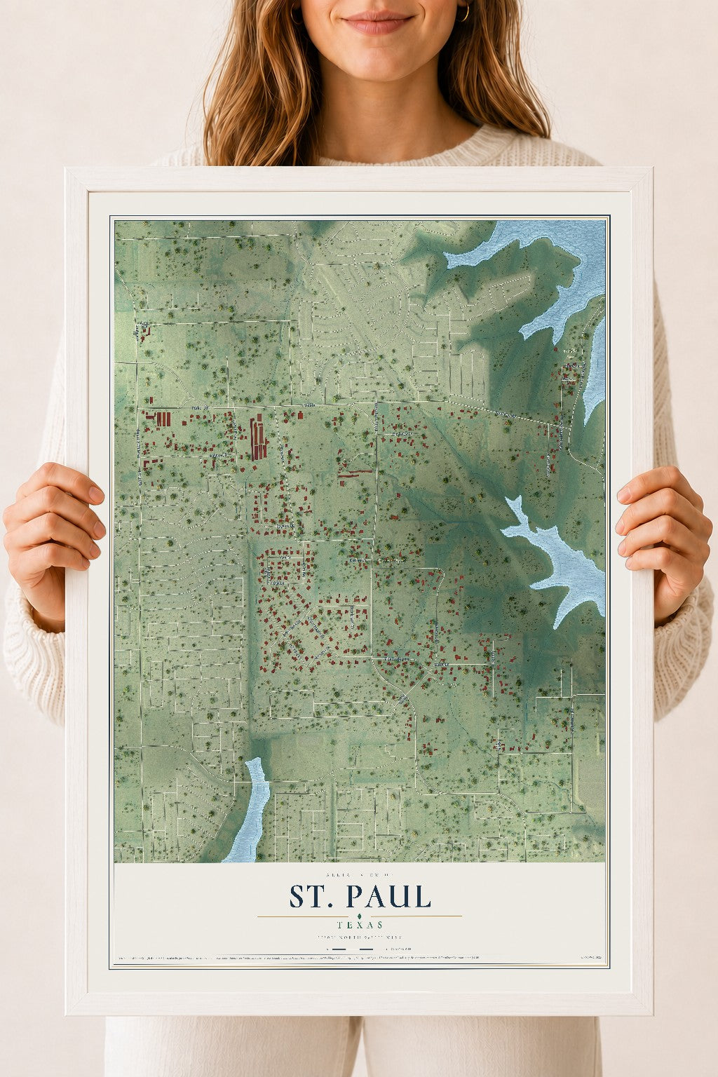 Map of St. Paul, Texas, 18 x 24 inch print in a white wood frame