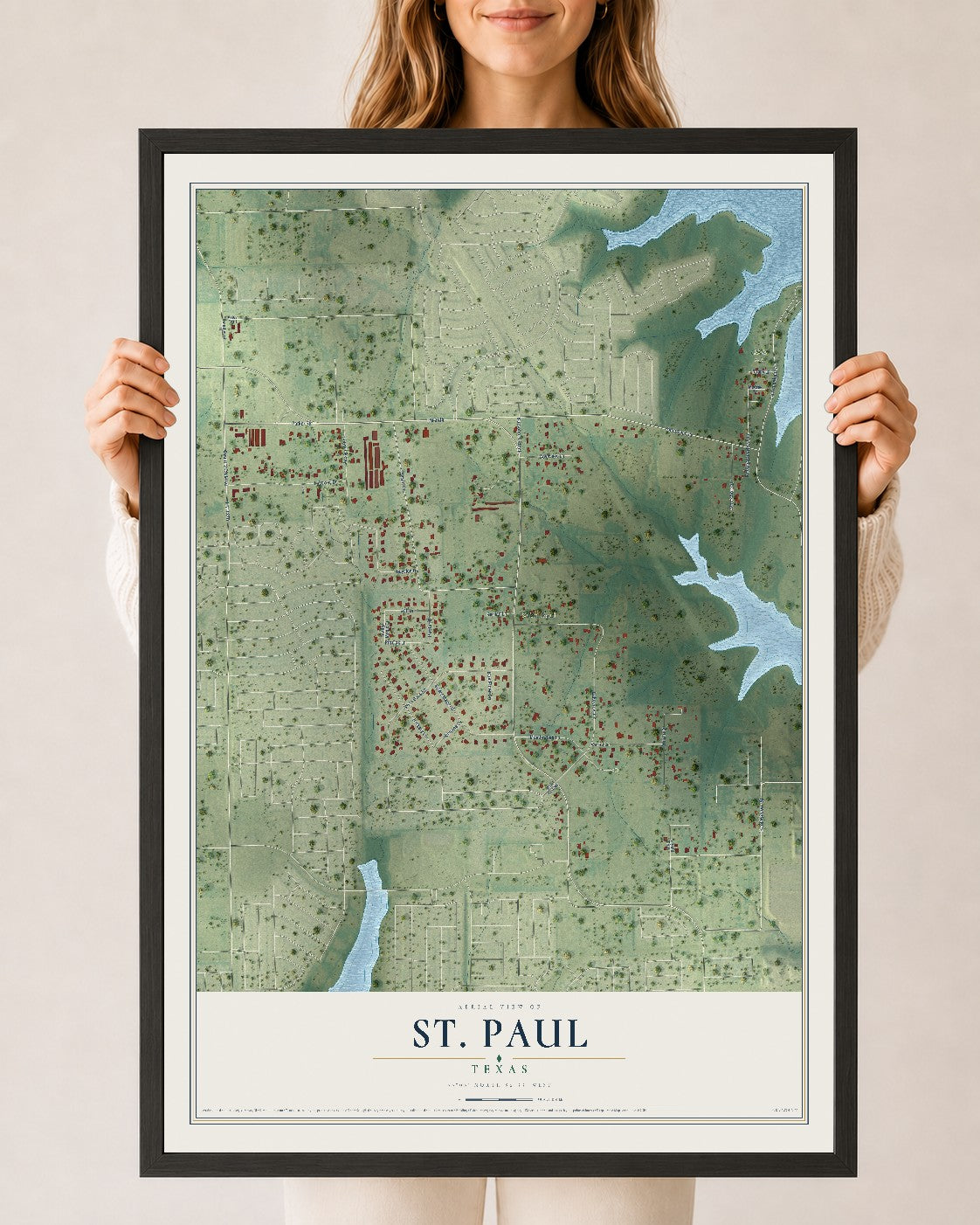 Map of St. Paul, Texas, 24 x 36 inch print in a black wood frame