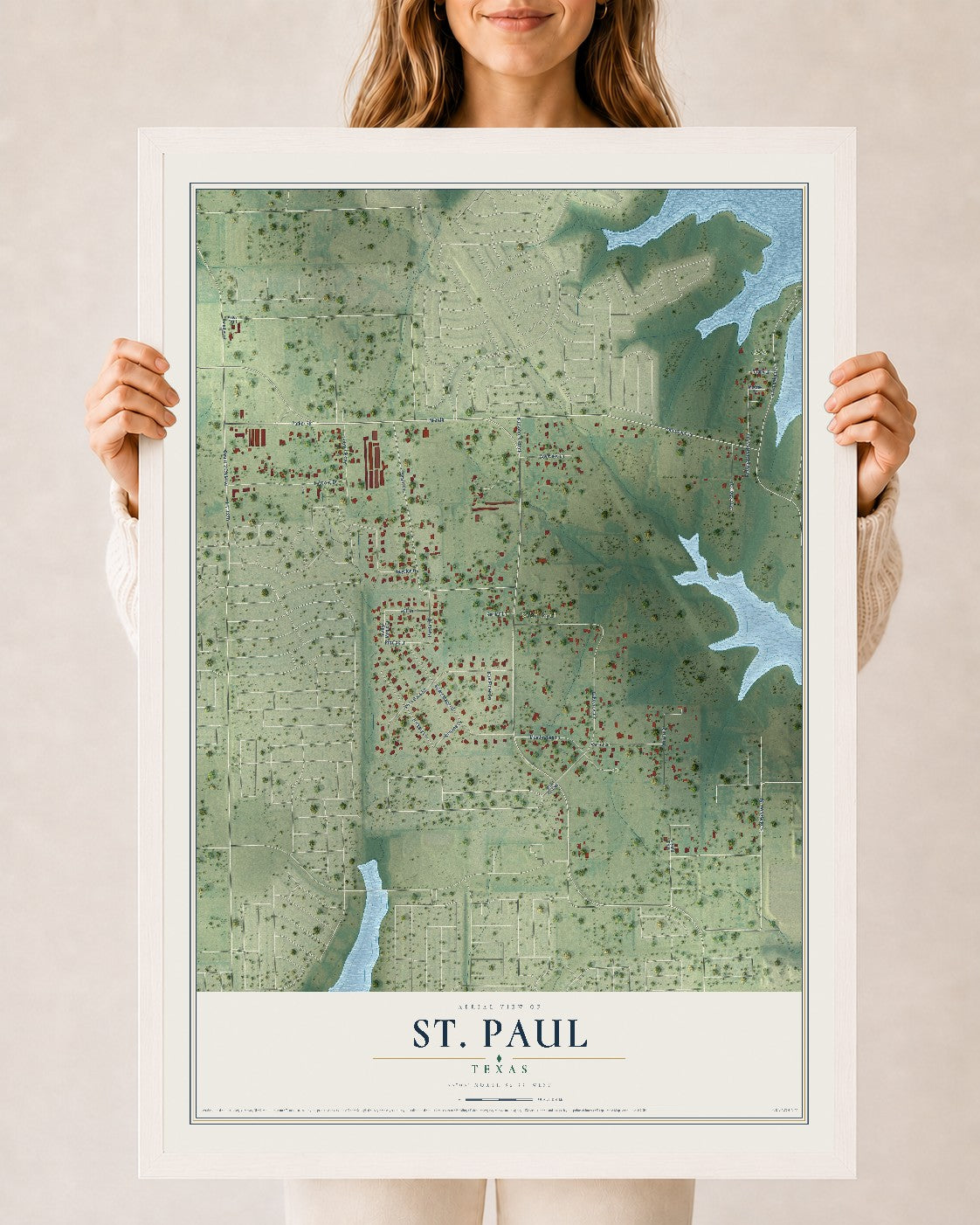 Map of St. Paul, Texas, 24 x 36 inch print in a white wood frame