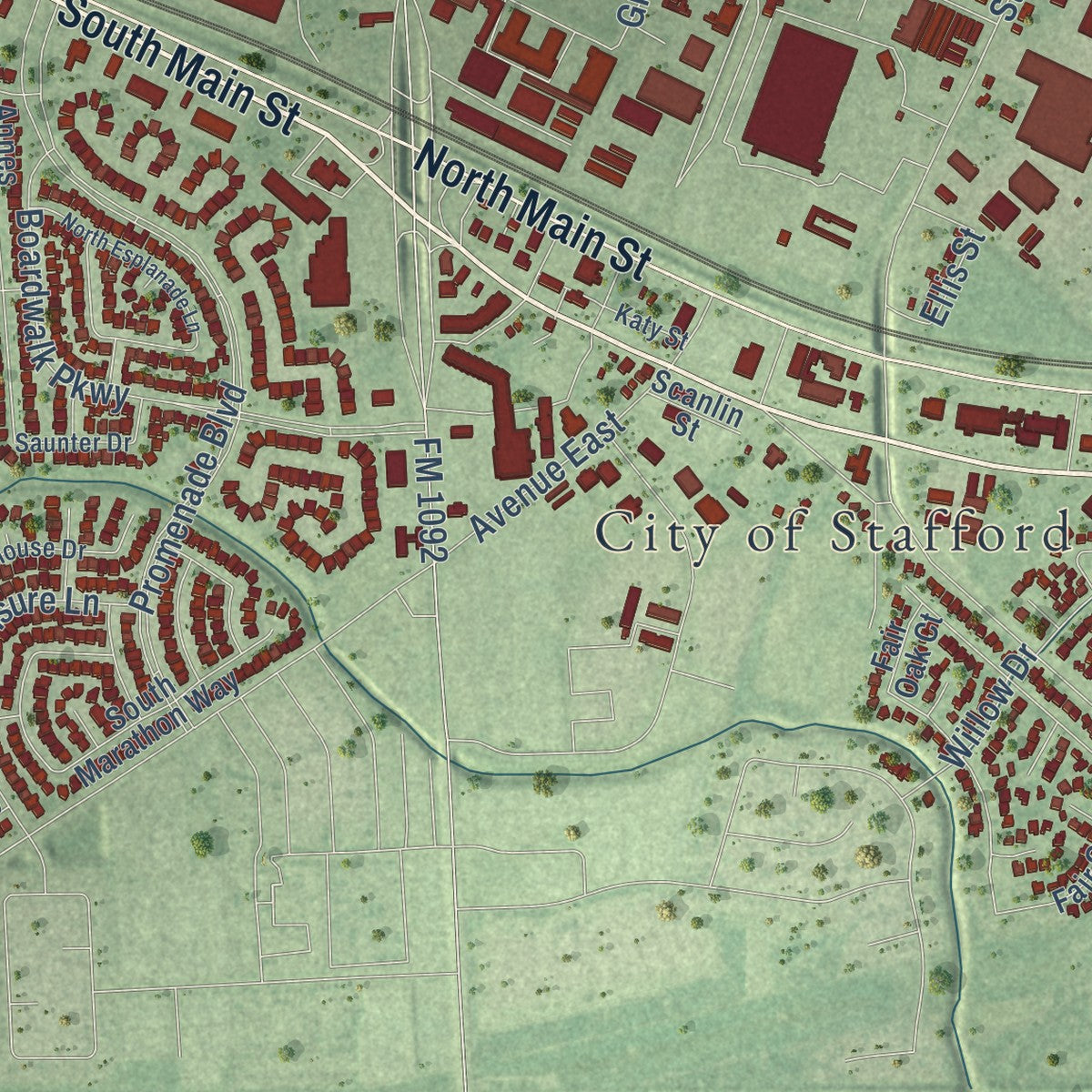 Second close-up of the map of Stafford, Texas print showing more streets and buildings