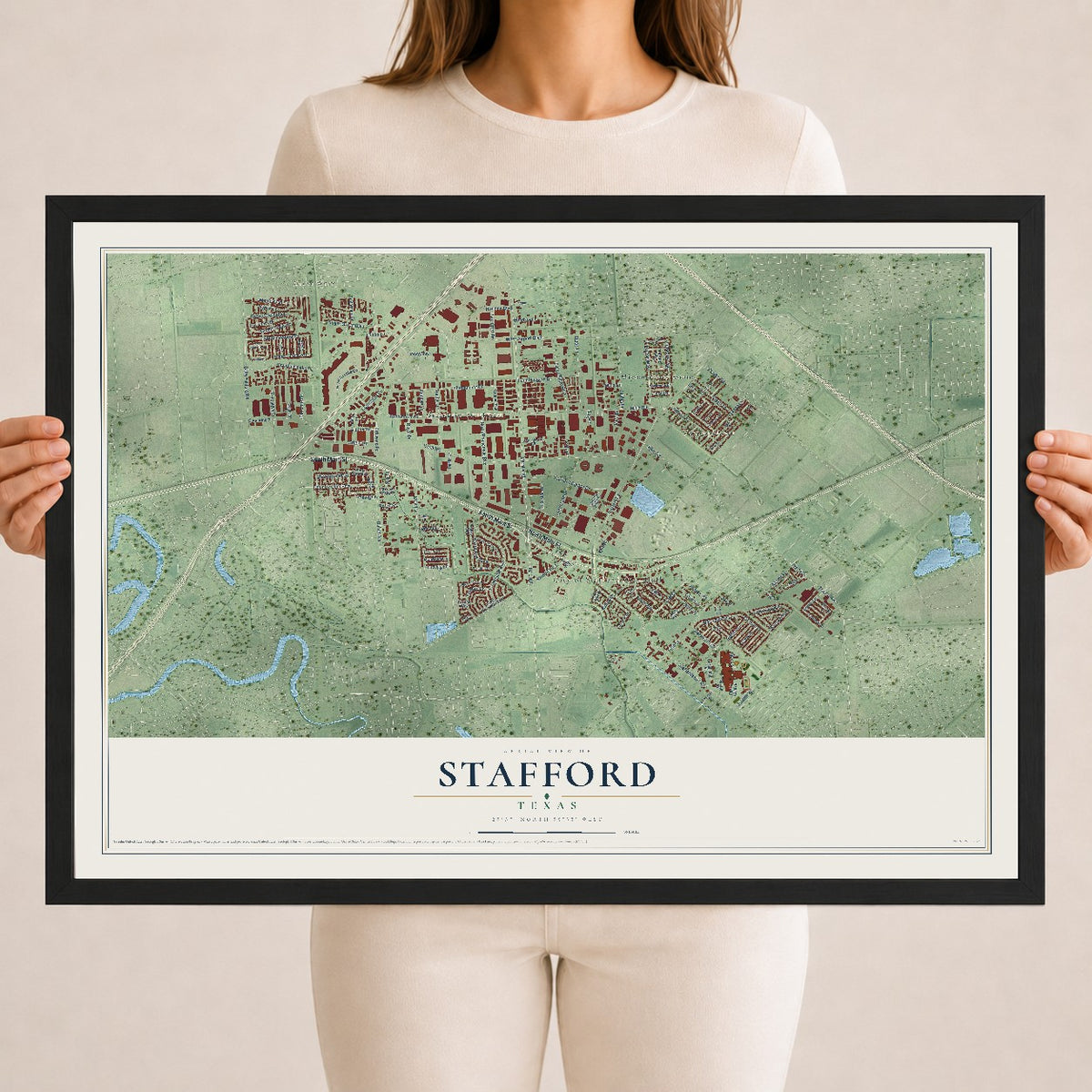 Map of Stafford, Texas, 18 x 24 inch print in a black wood frame