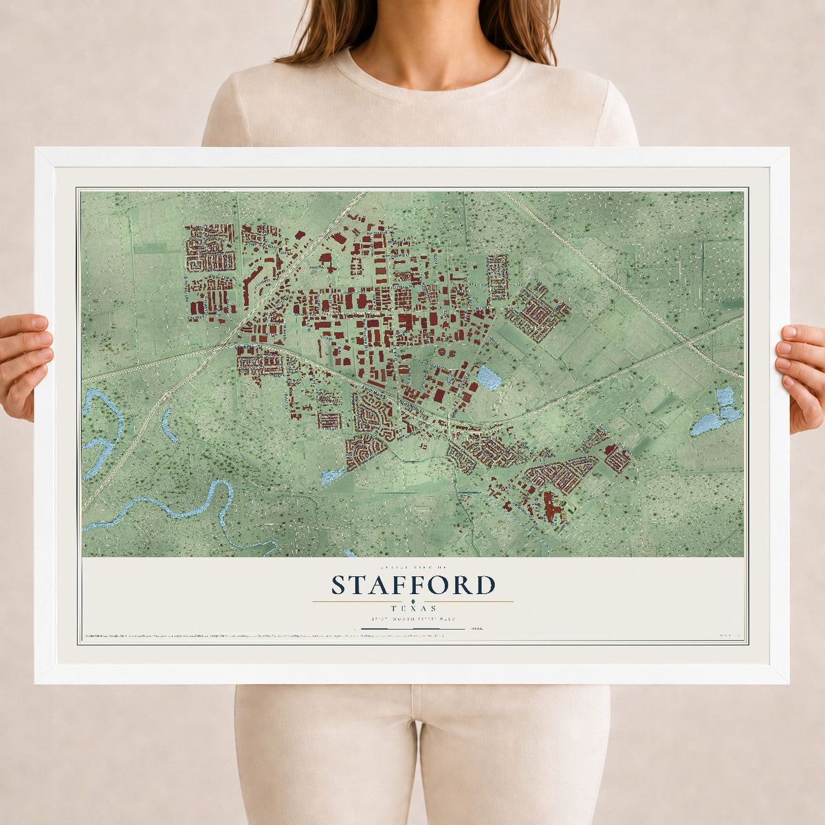 Map of Stafford, Texas, 18 x 24 inch print in a white wood frame