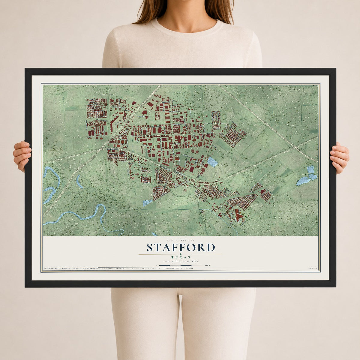 Map of Stafford, Texas, 24 x 36 inch print in a black wood frame