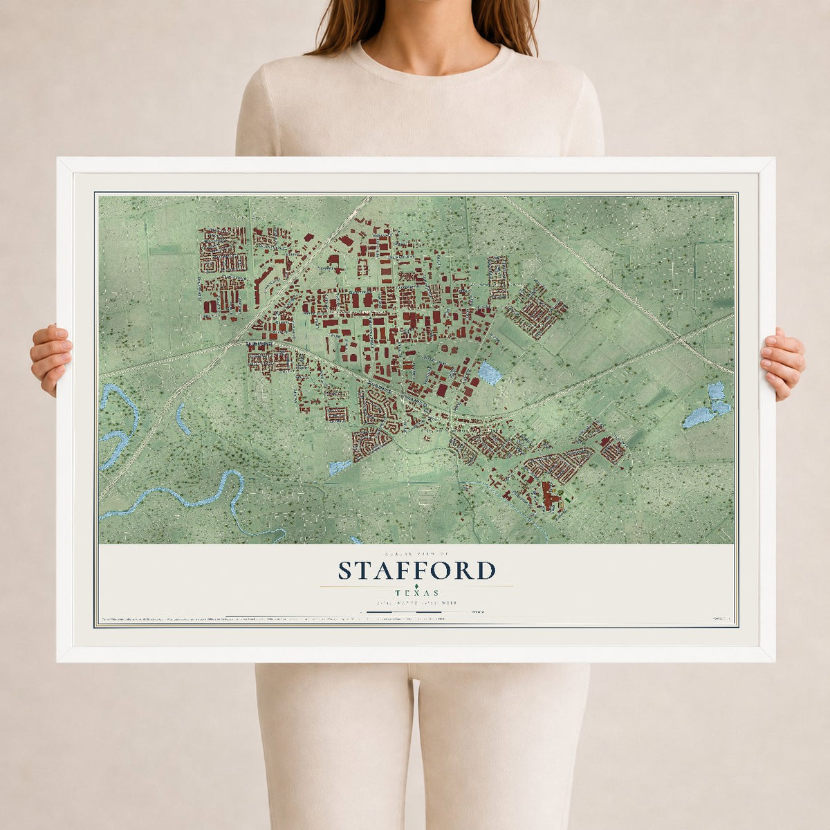 Map of Stafford, Texas, 24 x 36 inch print in a white wood frame