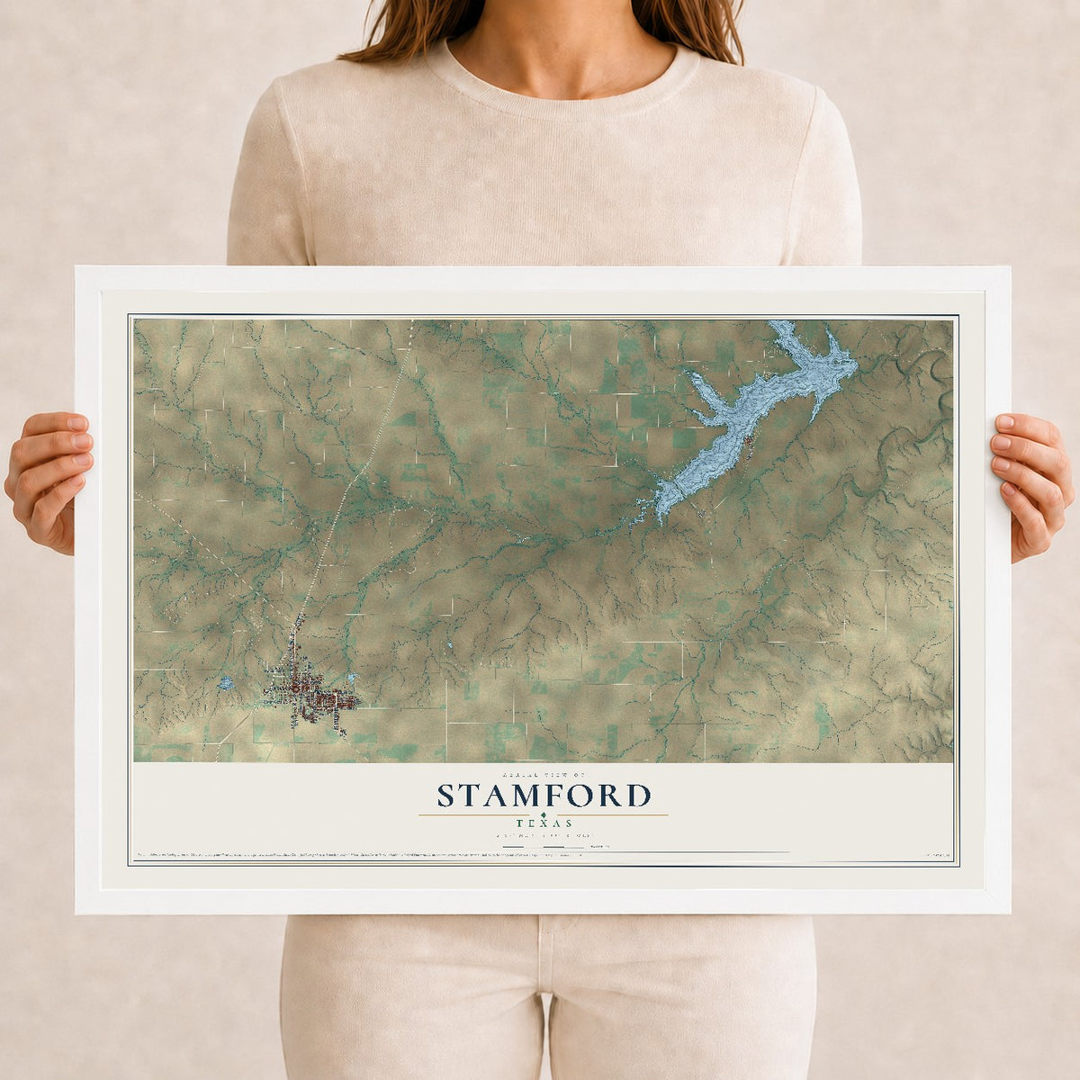 Map of Stamford, Texas, 12 x 18 inch print in a white wood frame