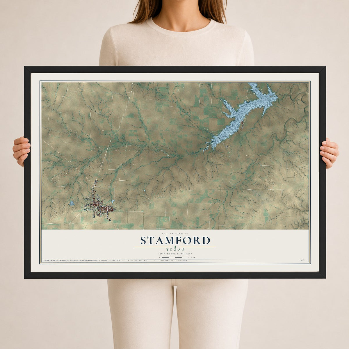 Map of Stamford, Texas, 24 x 36 inch print in a black wood frame