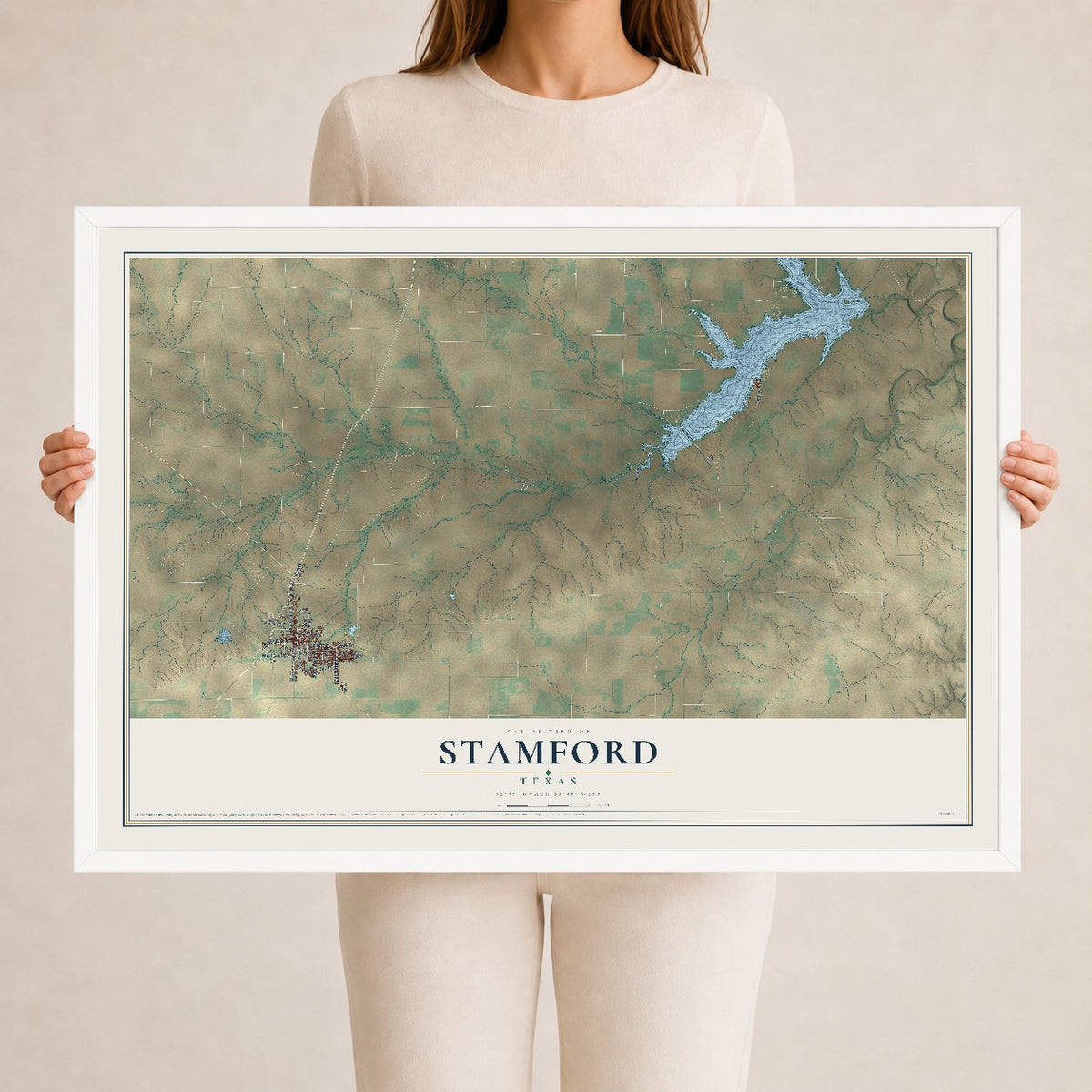 Map of Stamford, Texas, 24 x 36 inch print in a white wood frame