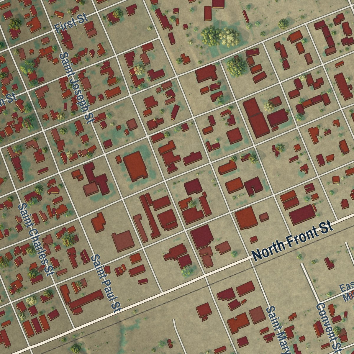 Close-up of the map of Stanton, Texas print showing street and building detail