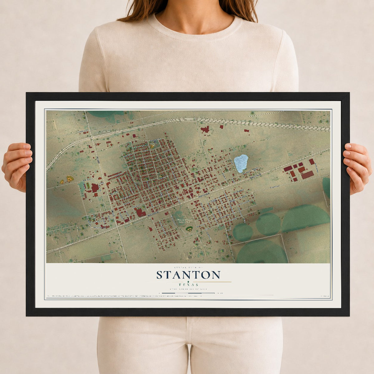 Map of Stanton, Texas, 12 x 18 inch print in a black wood frame