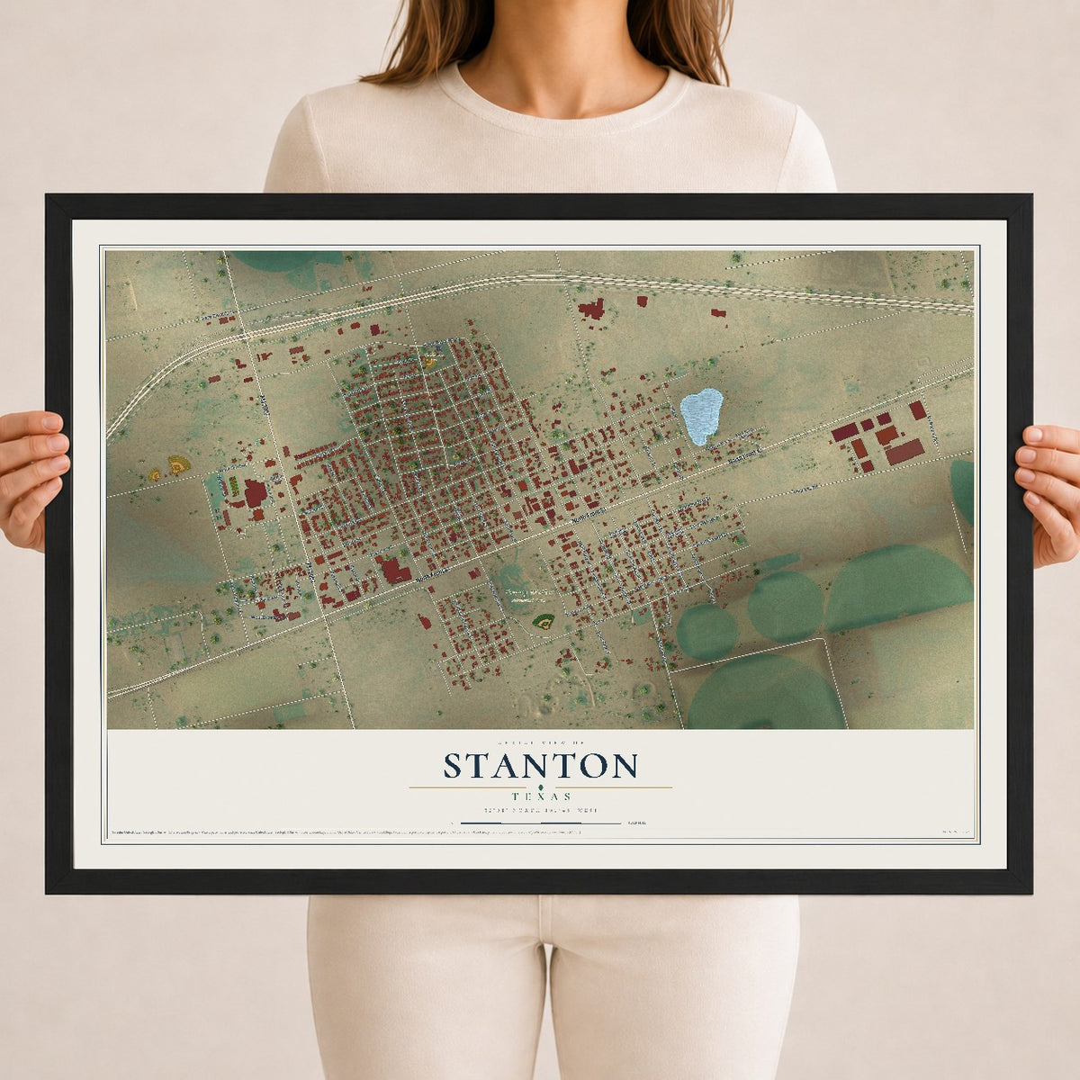 Map of Stanton, Texas, 18 x 24 inch print in a black wood frame
