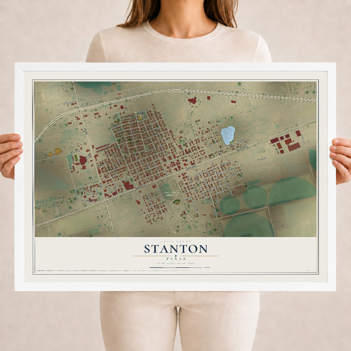 Map of Stanton, Texas, 18 x 24 inch print in a white wood frame
