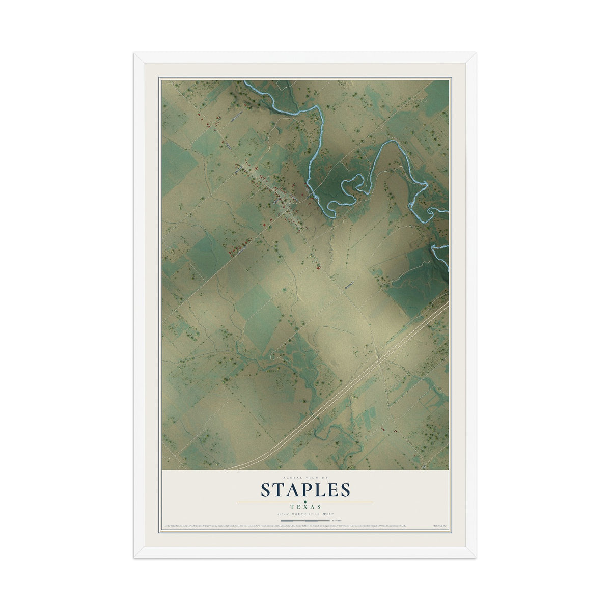 Map of Staples, Texas, 12 x 18 inch print in a white wood frame