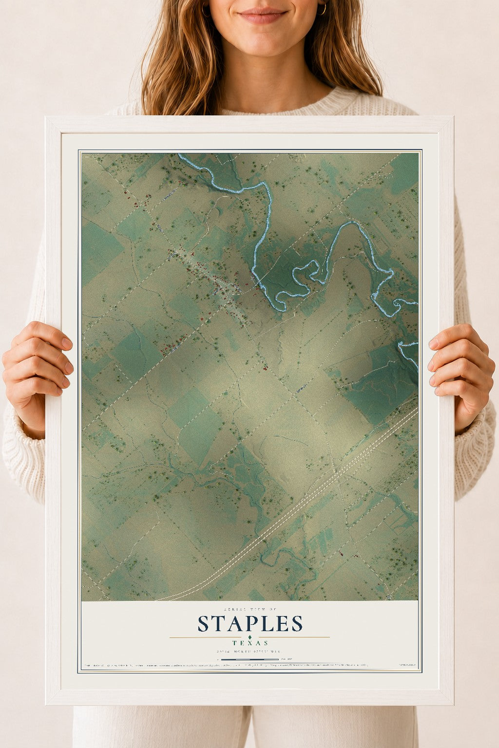 Map of Staples, Texas, 18 x 24 inch print in a white wood frame