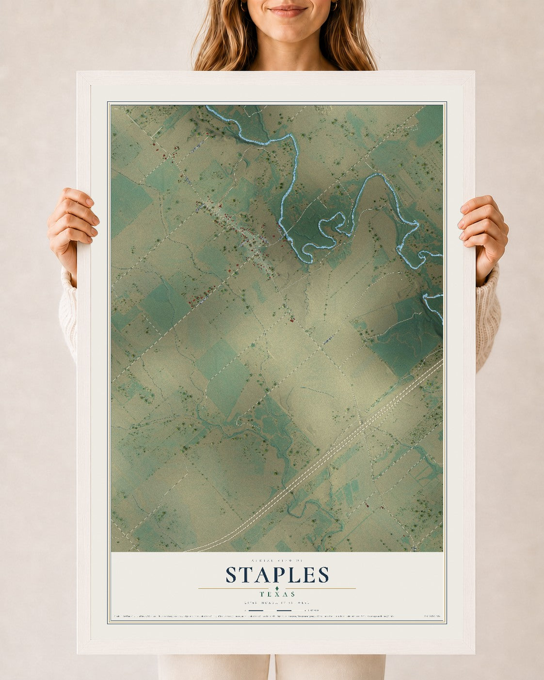 Map of Staples, Texas, 24 x 36 inch print in a white wood frame