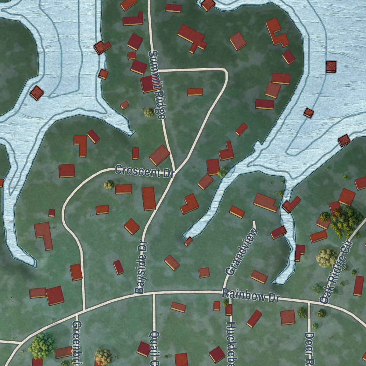 Second close-up of the map of Star Harbor, Texas print showing more streets and buildings