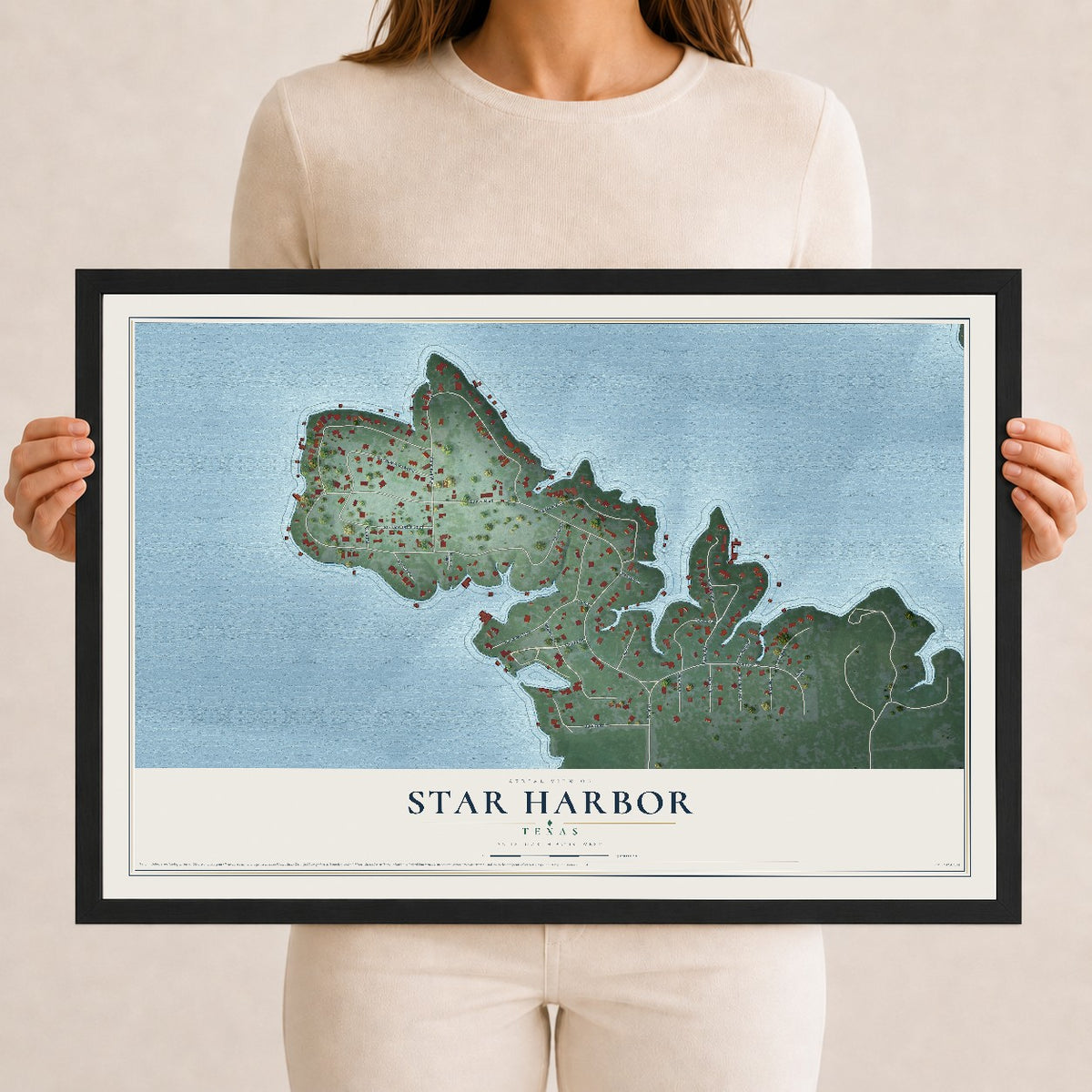 Map of Star Harbor, Texas, 12 x 18 inch print in a black wood frame