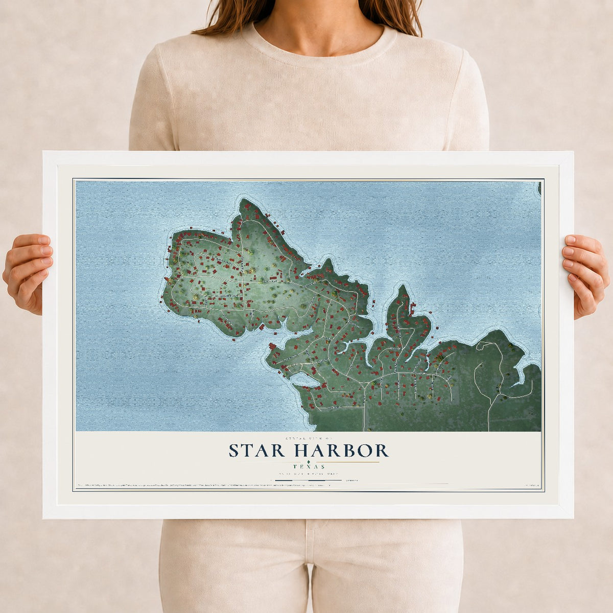 Map of Star Harbor, Texas, 12 x 18 inch print in a white wood frame