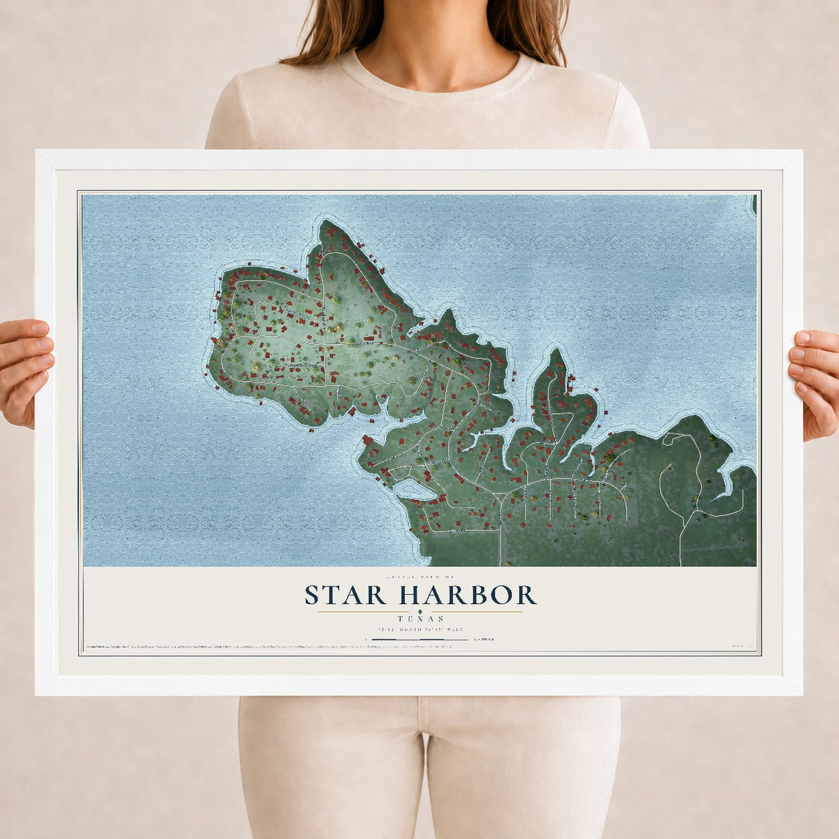Map of Star Harbor, Texas, 18 x 24 inch print in a white wood frame