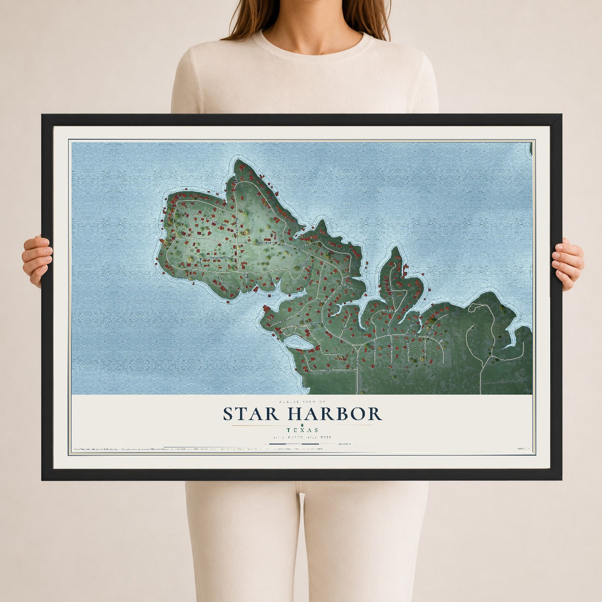 Map of Star Harbor, Texas, 24 x 36 inch print in a black wood frame
