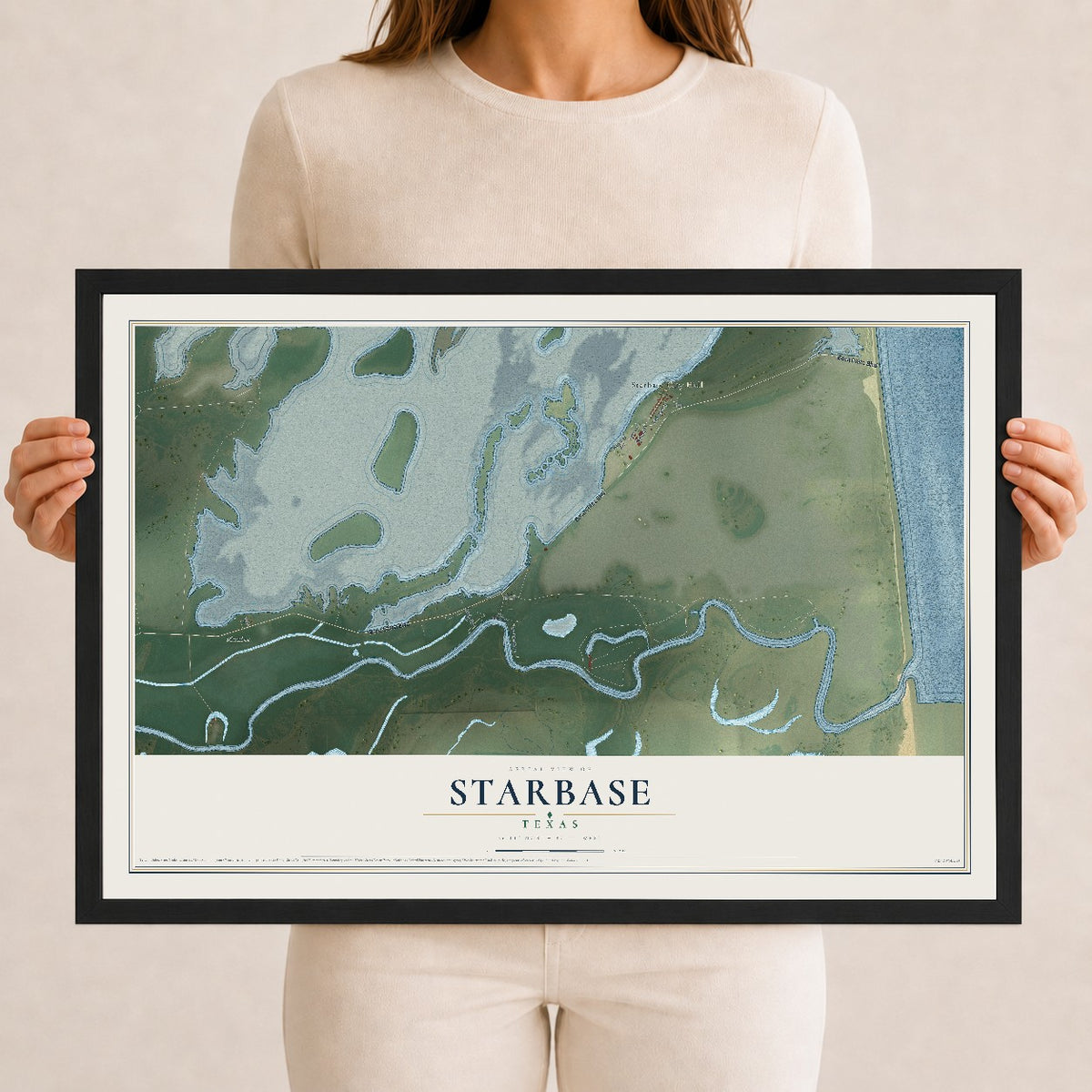 Map of Starbase, Texas, 12 x 18 inch print in a black wood frame