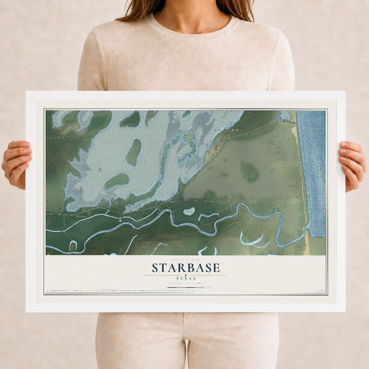 Map of Starbase, Texas, 12 x 18 inch print in a white wood frame