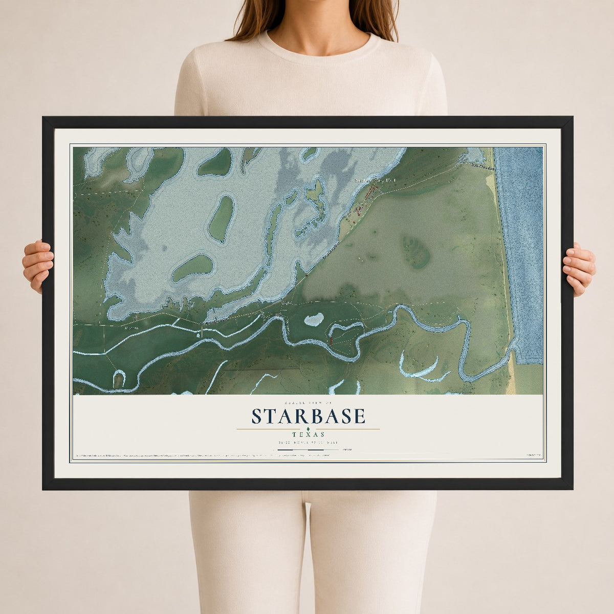Map of Starbase, Texas, 24 x 36 inch print in a black wood frame