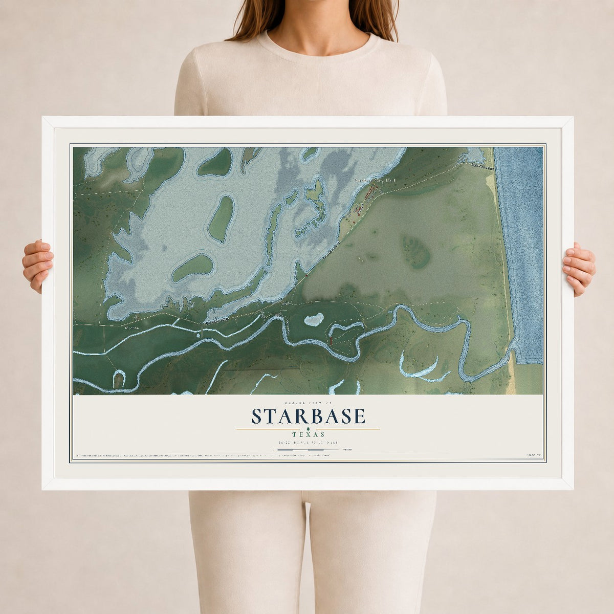 Map of Starbase, Texas, 24 x 36 inch print in a white wood frame