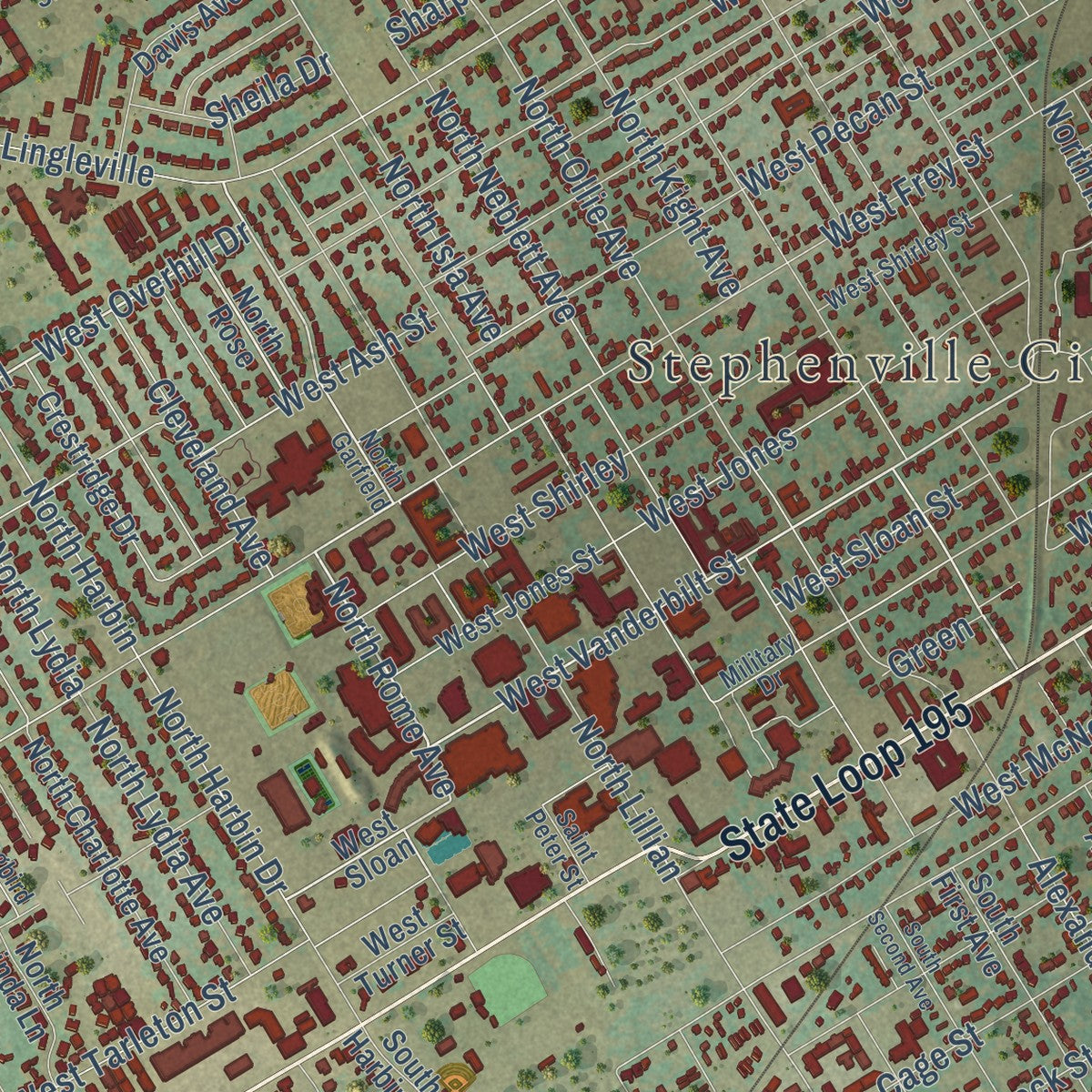 Close-up of the map of Stephenville, Texas print showing street and building detail