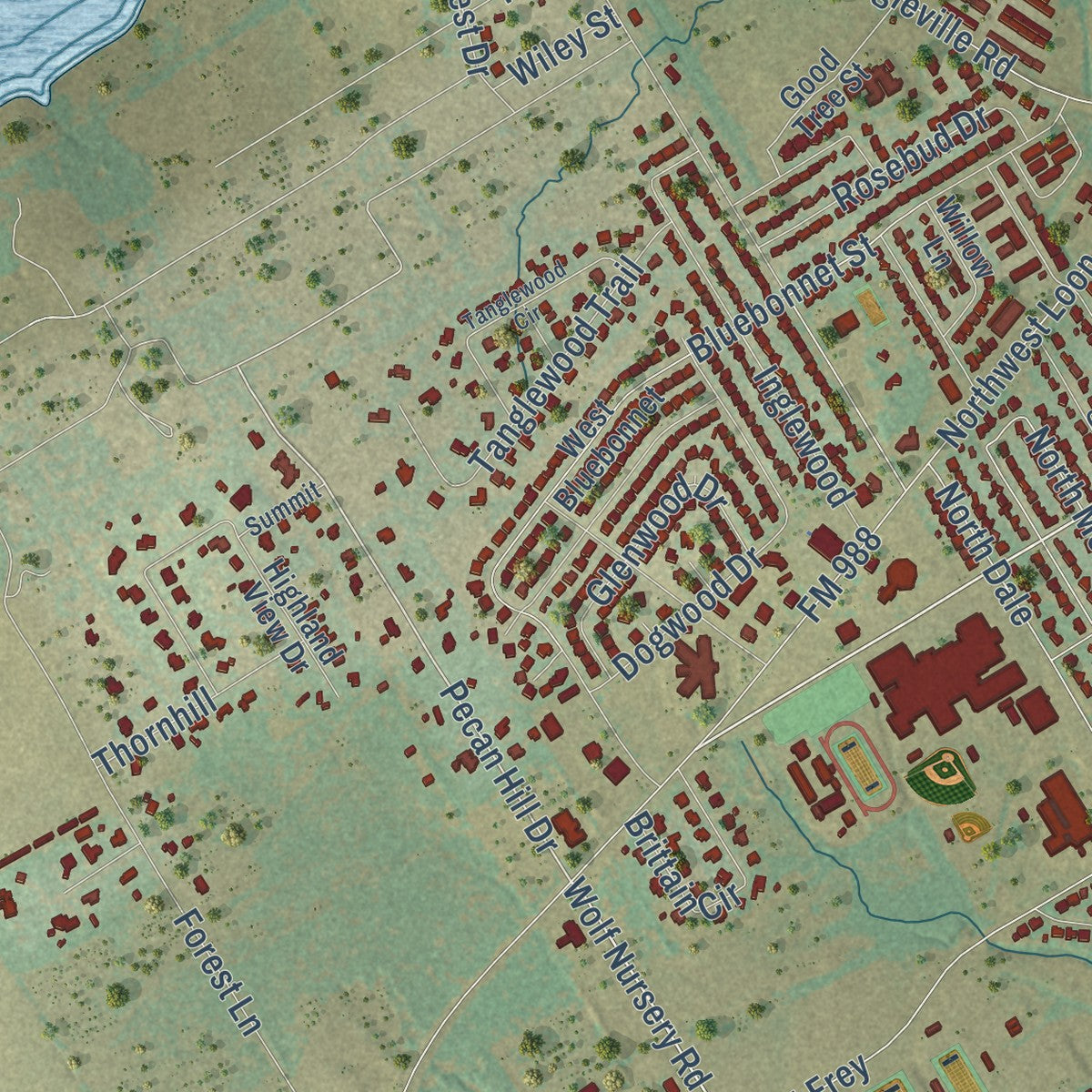 Second close-up of the map of Stephenville, Texas print showing more streets and buildings