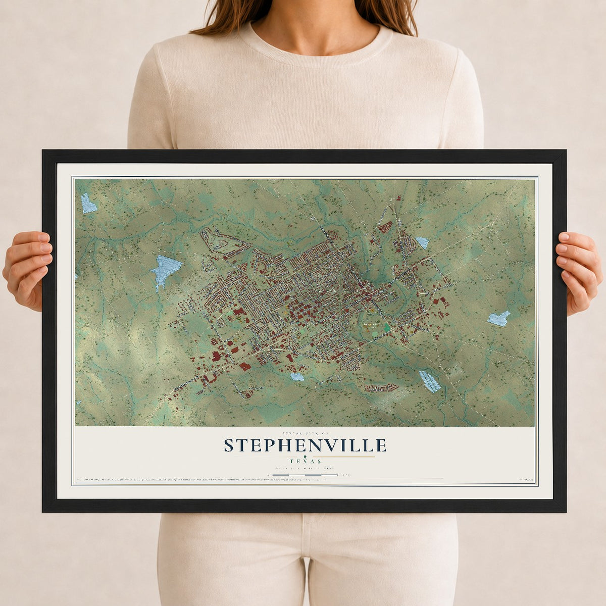 Map of Stephenville, Texas, 12 x 18 inch print in a black wood frame