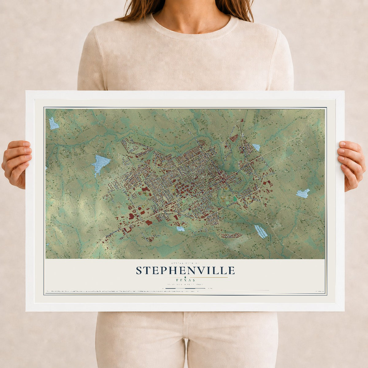 Map of Stephenville, Texas, 12 x 18 inch print in a white wood frame