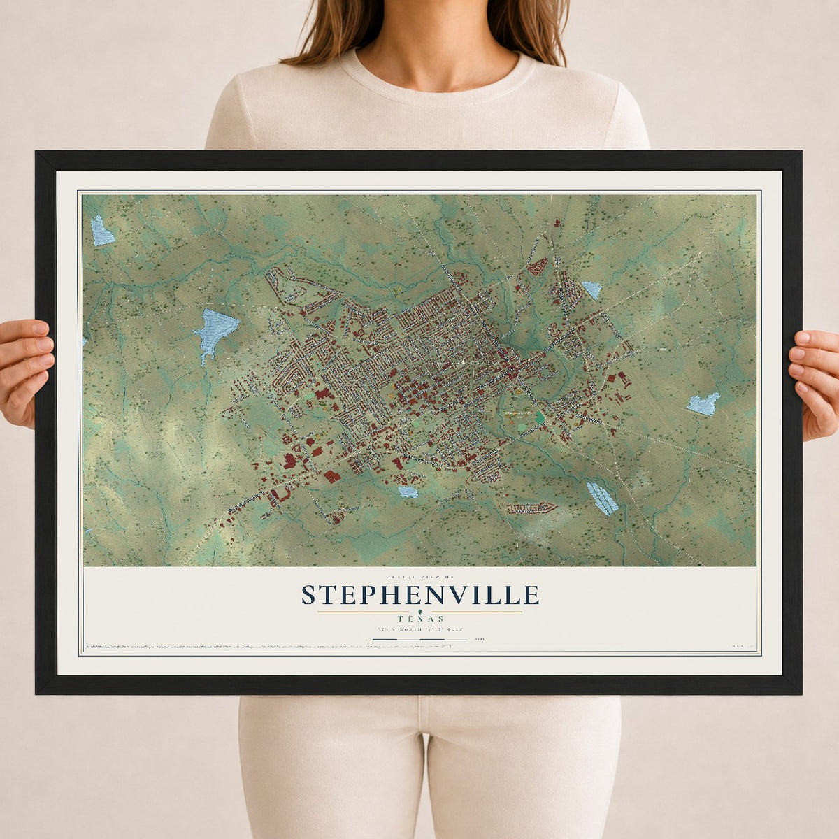 Map of Stephenville, Texas, 18 x 24 inch print in a black wood frame