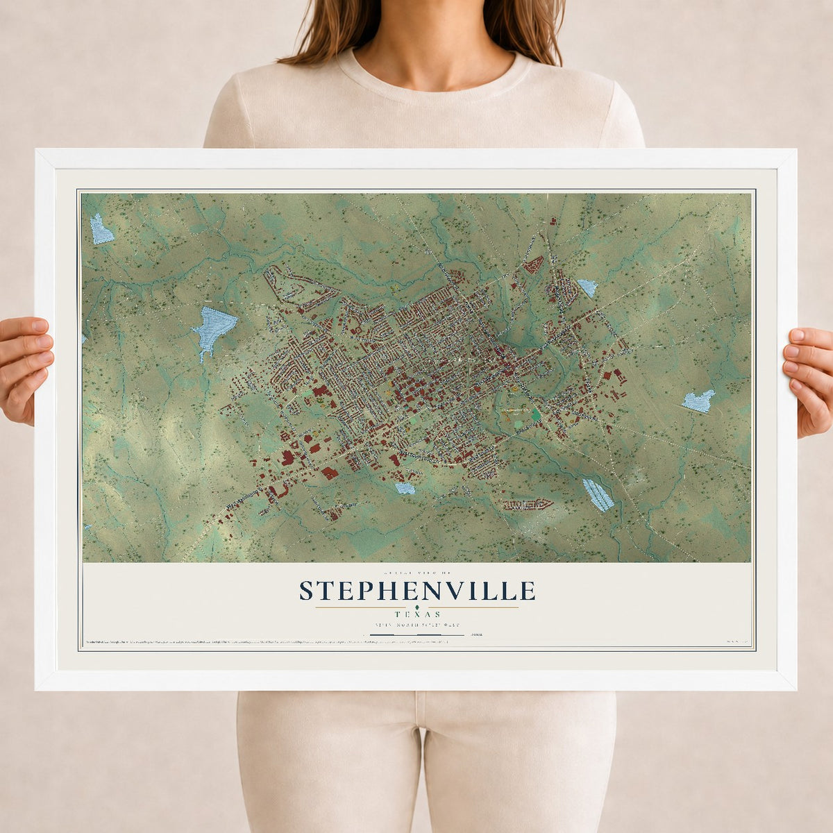 Map of Stephenville, Texas, 18 x 24 inch print in a white wood frame