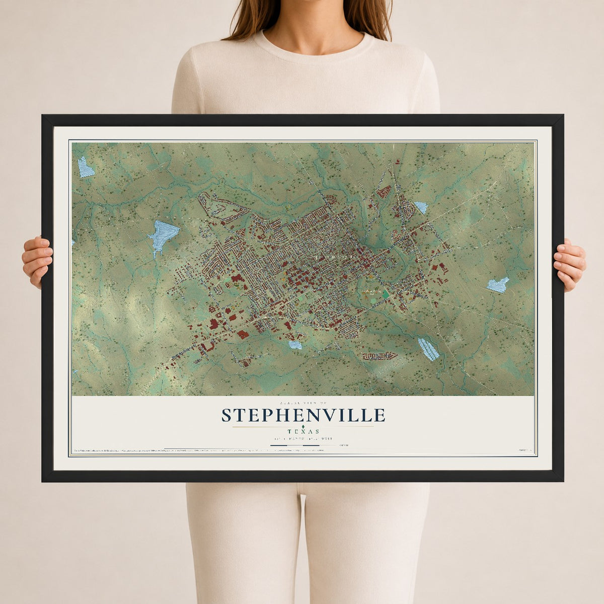 Map of Stephenville, Texas, 24 x 36 inch print in a black wood frame
