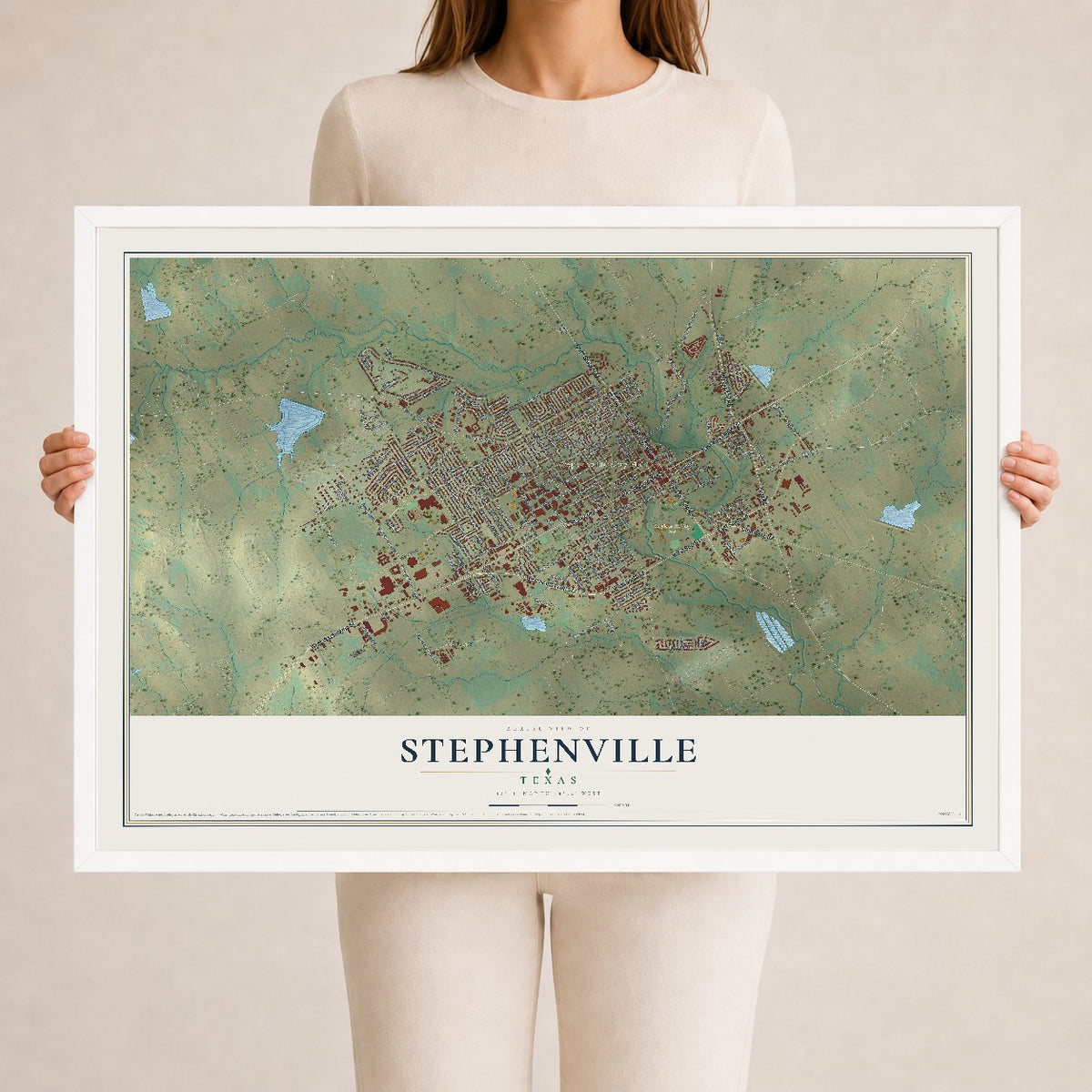 Map of Stephenville, Texas, 24 x 36 inch print in a white wood frame