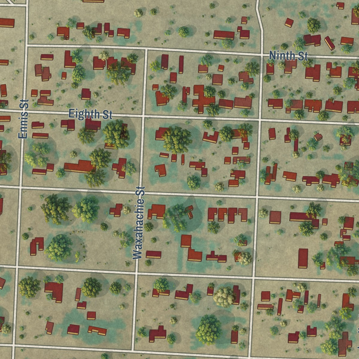 Second close-up of the map of Sterling City, Texas print showing more streets and buildings