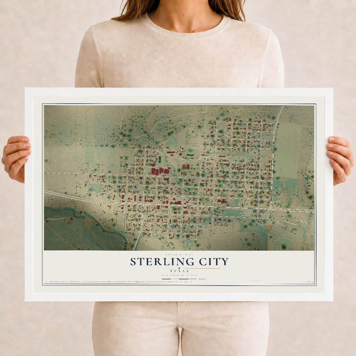 Map of Sterling City, Texas, 12 x 18 inch print in a white wood frame
