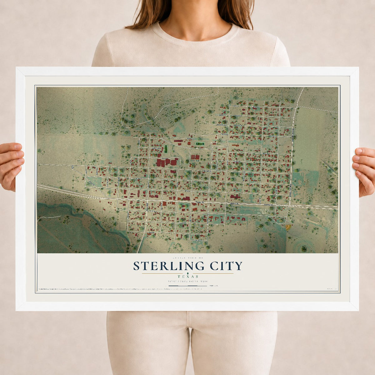 Map of Sterling City, Texas, 18 x 24 inch print in a white wood frame