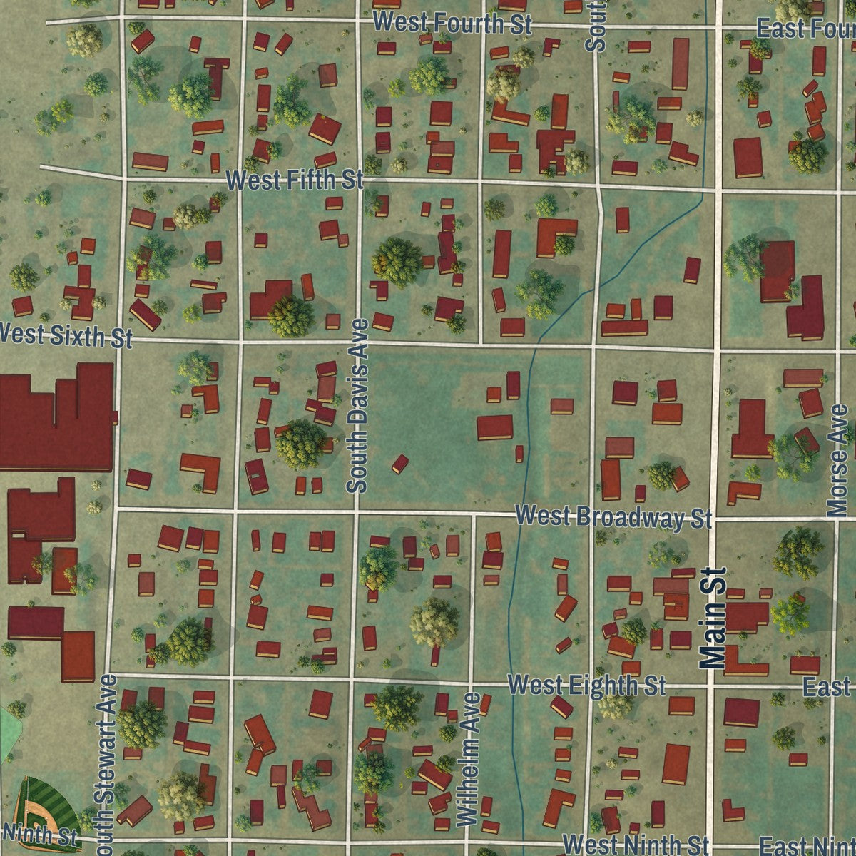 Close-up of the map of Stinnett, Texas print showing street and building detail