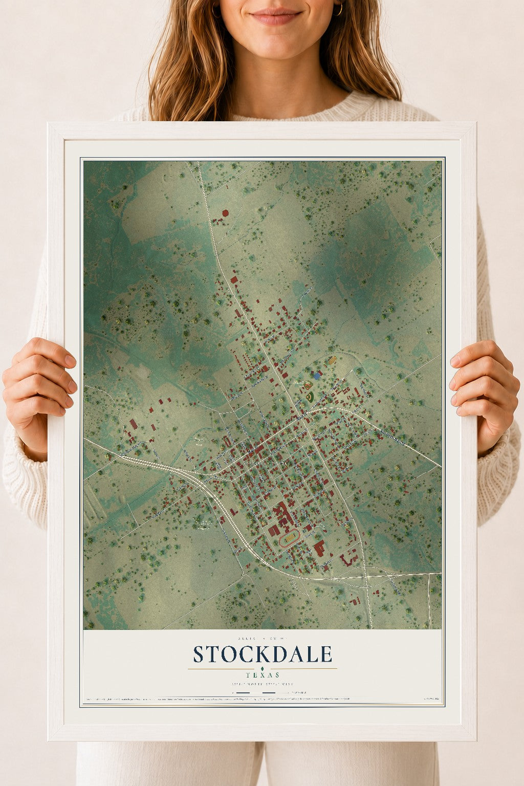 Map of Stockdale, Texas, 18 x 24 inch print in a white wood frame