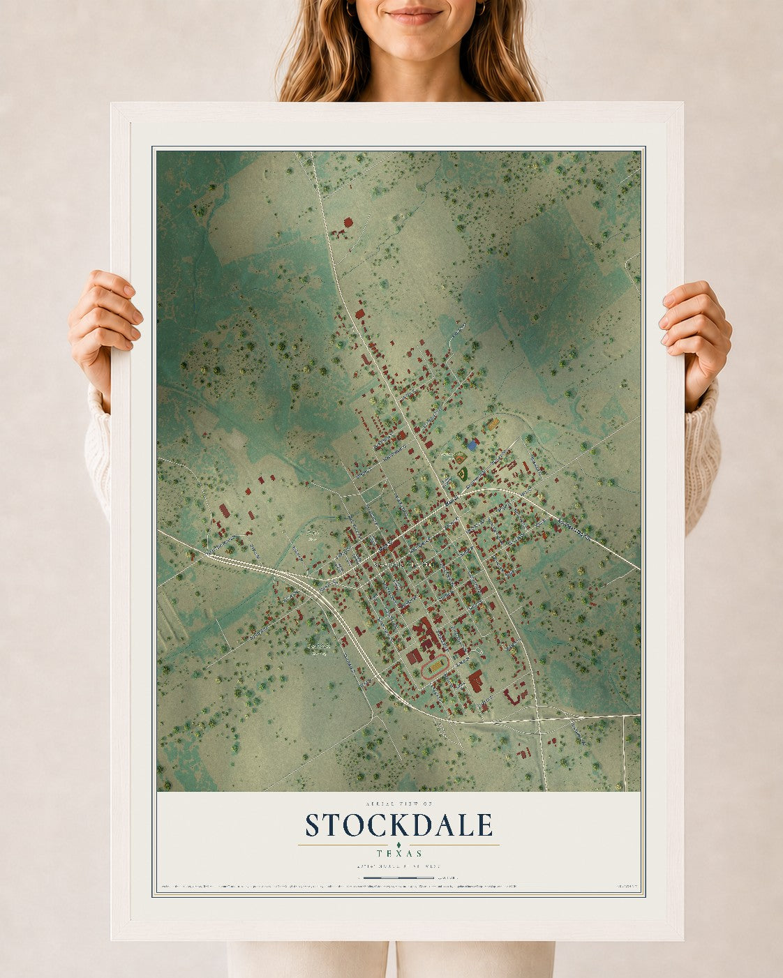 Map of Stockdale, Texas, 24 x 36 inch print in a white wood frame