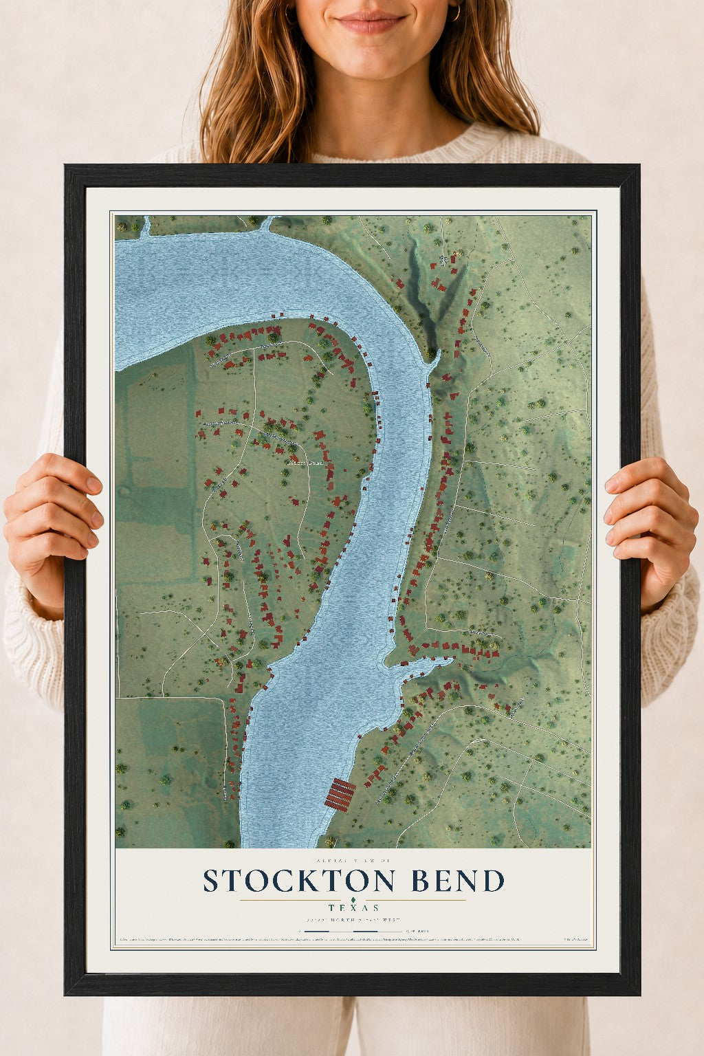 Map of Stockton Bend, Texas, 18 x 24 inch print in a black wood frame