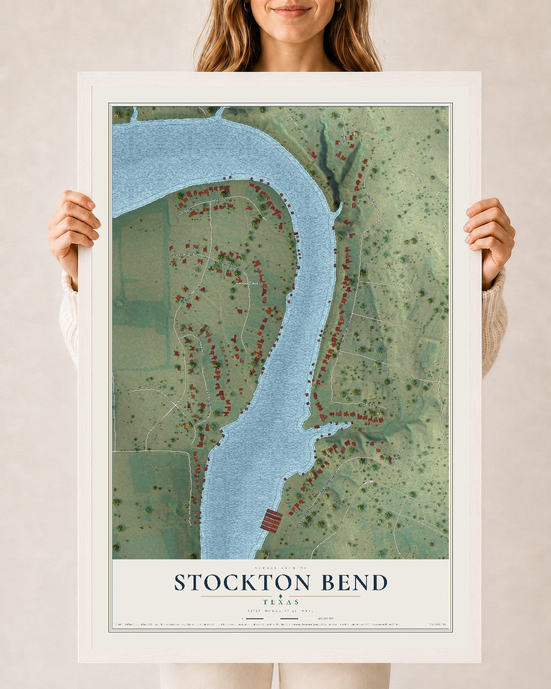 Map of Stockton Bend, Texas, 24 x 36 inch print in a white wood frame