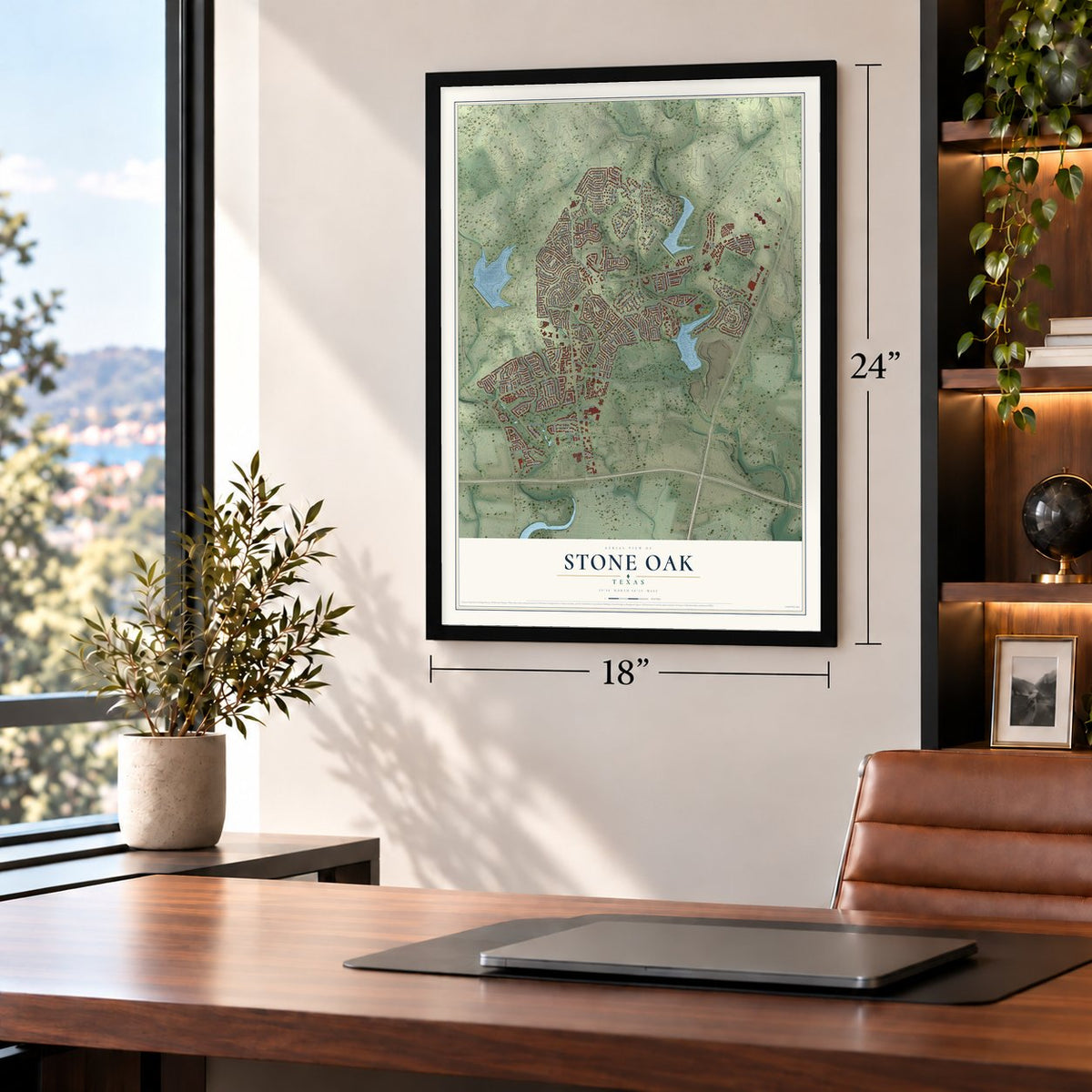 Stone Oak, Texas map, 18 x 24 inch print in a black frame in a home office