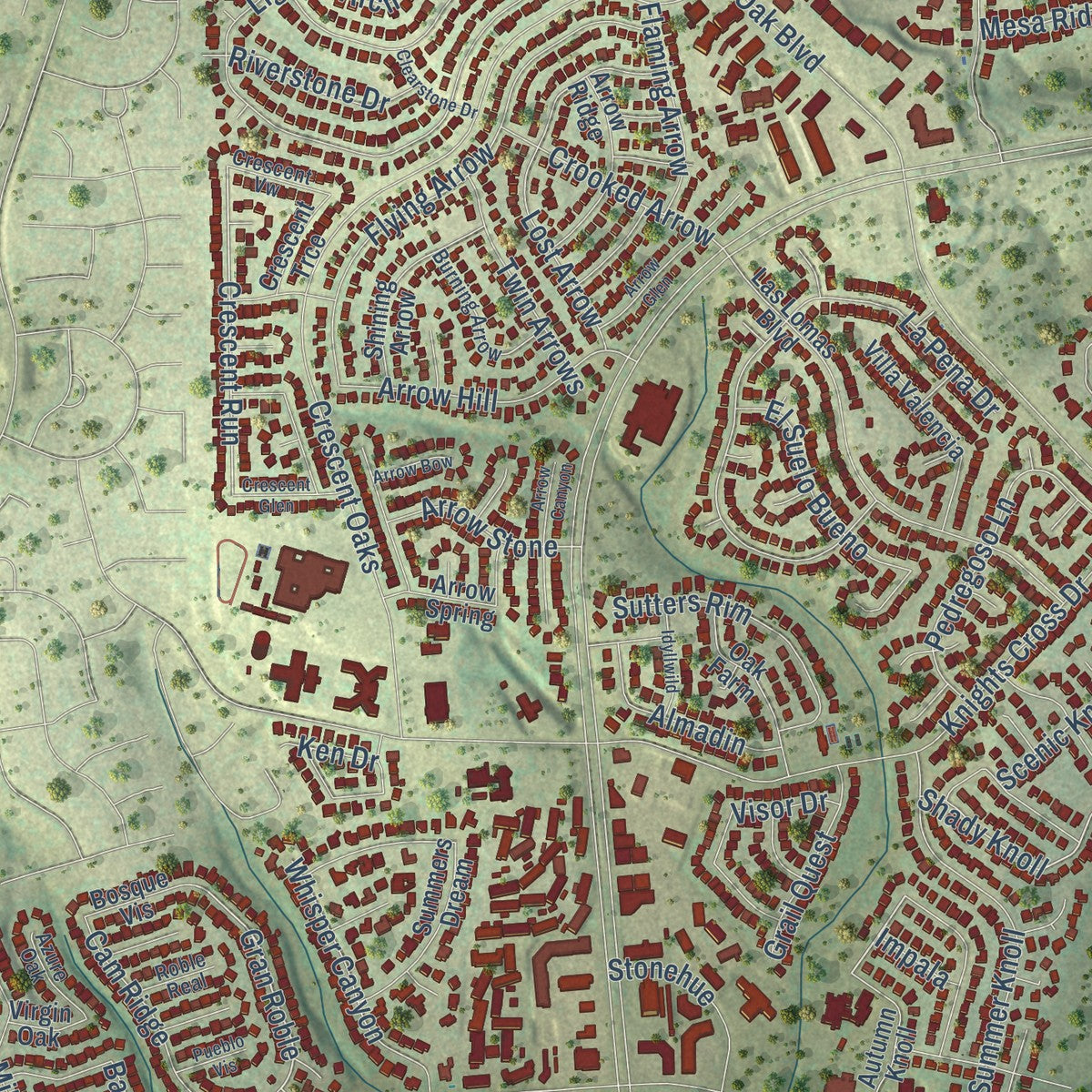 Close-up of the map of Stone Oak, Texas print showing street and building detail