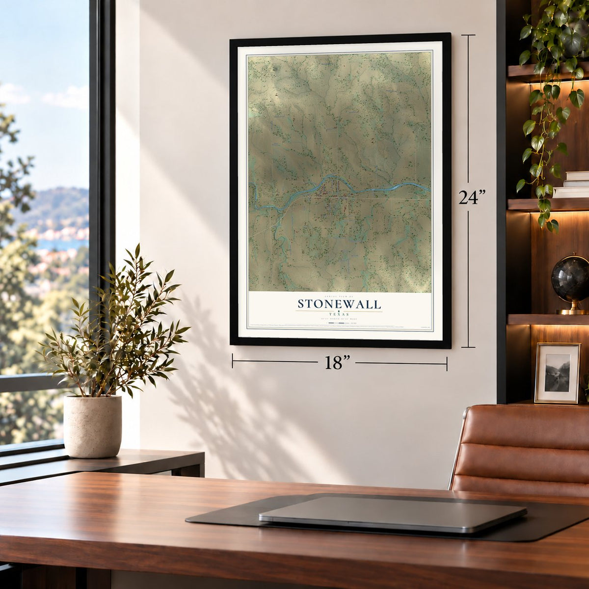 Stonewall, Texas map, 18 x 24 inch print in a black frame in a home office