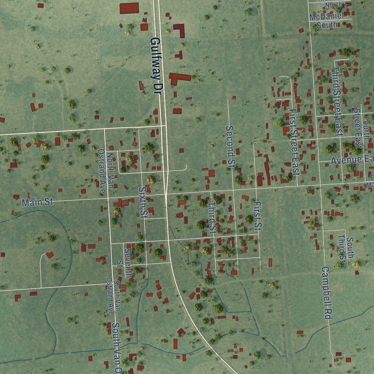 Close-up of the map of Stowell, Texas print showing street and building detail