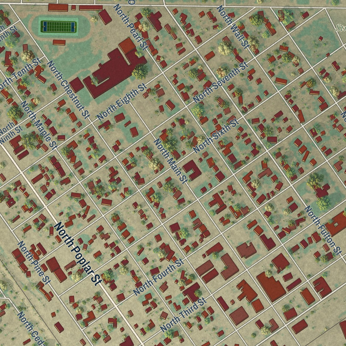 Close-up of the map of Stratford, Texas print showing street and building detail